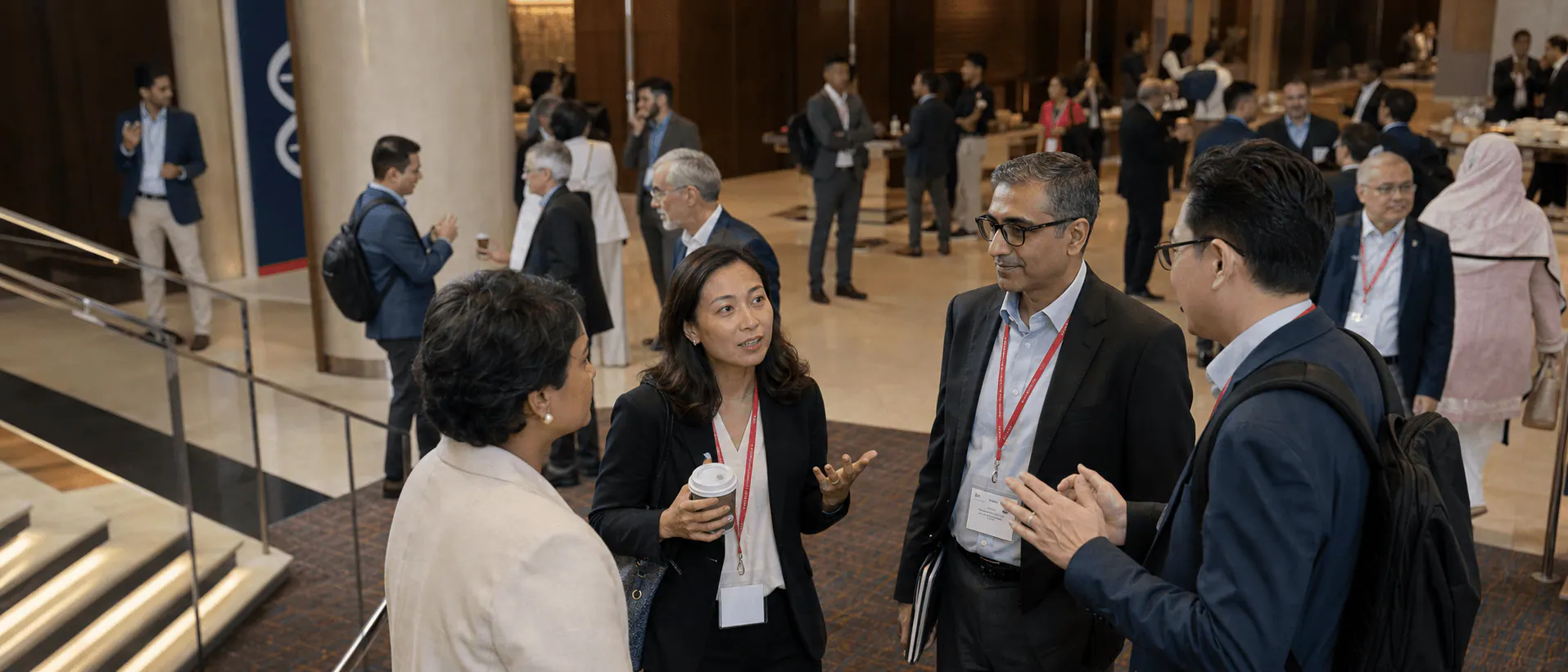 Professionals exchanging perspectives at an international gathering